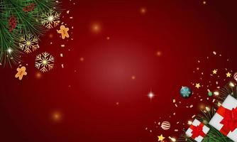 joyeux noël et bonne année sur fond rouge. joyeux noël avec des flocons de neige et des lumières de noël. décoration de vacances d'hiver pour le fond de noël et du nouvel an. illustration vectorielle vecteur