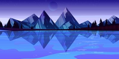 paysage de paysage de lac de montagne au crépuscule, étang de nuit vecteur