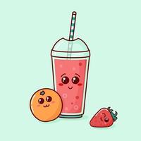 illustration mignonne avec cocktail de dessin animé, fraise rose et orange. cocktail de fruits isolé pour toute utilisation. illustration vectorielle vecteur