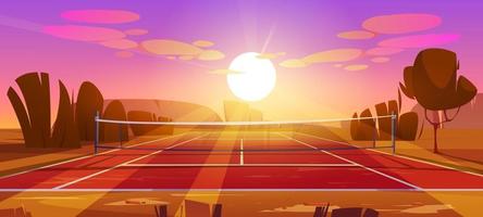 court de tennis, terrain de sport avec filet au coucher du soleil vecteur