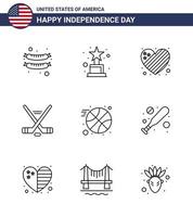 4 juillet usa joyeux jour de l'indépendance icône symboles groupe de 9 lignes modernes de balle de baseball coeur basket-ball sport modifiable usa day vector design elements