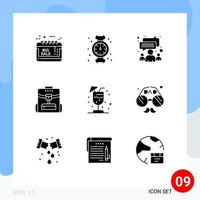 pack de 9 signes et symboles de glyphes solides modernes pour les supports d'impression Web tels que les éléments de conception vectoriels modifiables de l'équipe de sac à dos de plomberie de l'école de boisson vecteur