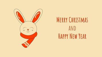 mignon lapin de noël souriant portant une écharpe joyeux noël et bonne année carte de voeux ou arrière-plan dans un style rétro pour le web vecteur