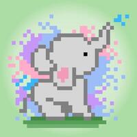 L'éléphant pixel 8 bits joue de l'eau colorée. animaux heureux pour le point de croix dans les illustrations vectorielles. vecteur