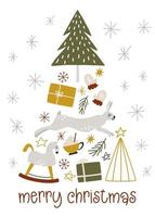 vecteur jolie carte postale ou affiche pour joyeux noël avec arbres, lapin, boîte-cadeau, étoiles et cheval. carte de voeux avec illustration d'hiver