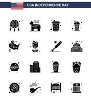 pack de glyphes solides de 16 symboles de la fête de l'indépendance des états-unis des états-unis vecteur