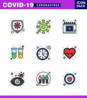 coronavirus 9 ligne remplie icône de couleur plate définie sur le thème de l'épidémie corona contient des icônes telles que le rendez-vous de laboratoire de secondes tube à essai coronavirus viral 2019nov élément de conception de vecteur de maladie
