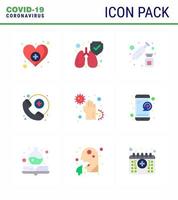 ensemble d'icônes covid19 pour l'infographie 9 pack de couleurs plates telles que les mains sales injection covid assistance médicale coronavirus viral 2019nov éléments de conception de vecteur de maladie