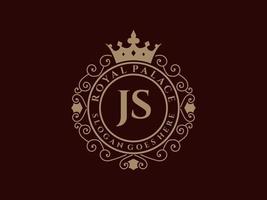 lettre js logo victorien de luxe royal antique avec cadre ornemental. vecteur