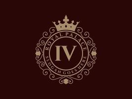 lettre iv logo victorien de luxe royal antique avec cadre ornemental. vecteur