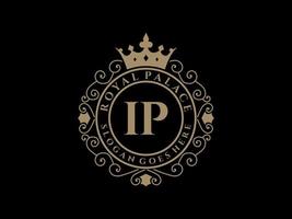lettre ip logo victorien de luxe royal antique avec cadre ornemental. vecteur