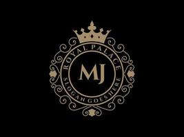 lettre mj logo victorien de luxe royal antique avec cadre ornemental. vecteur