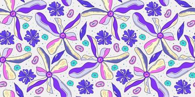 motif psychédélique trippant de fleur sans soudure. modèle sans couture psychédélique violet. imprimé de marguerites florales magiques. illustration plate florale hippie design trippy. impression rétro y2k vecteur