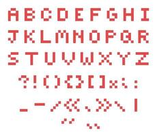 alphabet pixel plat de lettres majuscules et signes de ponctuation de couleur rouge clair sur fond blanc. vecteur