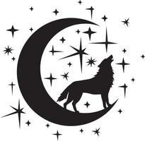 silhouette de loup hurlant, lune de nuit et étoiles - croissant. illustration vectorielle. vecteur