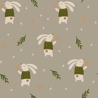 modèle vectoriel continu de lapin d'hiver. la palette limitée est idéale pour l'impression de textiles, de tissus, de papier d'emballage illustration simple dessinée à la main d'un personnage de lapin forestier dans un style scandinave.