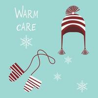 illustration vectorielle ensemble de vêtements chauds chapeau de laine tricoté détaillé réaliste avec pompon, mitaines ahd flocons de neige vecteur