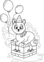 coloriage. chat mignon avec un cadeau et des ballons vecteur