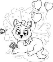 coloriage. chaton mignon de bande dessinée avec des fleurs, des ballons et un papillon vecteur