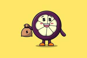 mangoustan riche fou de dessin animé mignon avec sac d'argent vecteur