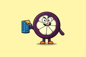 personnage de dessin animé mignon mangoustan avec verre à bière vecteur