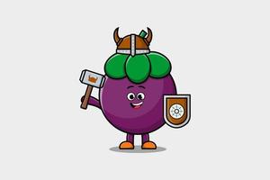 personnage de dessin animé mignon mangoustan pirate viking avec chapeau et tenant une hache et un bouclier vecteur