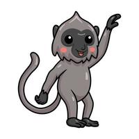 mignon petit dessin animé de singe langur gris agitant la main vecteur