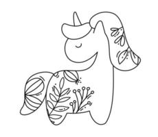 illustration de livre de coloriage de vecteur de dessin animé de bébé simple licorne mignon. élément de conception de style moderne simple ligne plate doodle icône isolé sur blanc. créatures magiques, fantaisie, thème de rêve