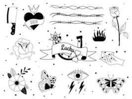 ensemble de tatouage dans le style y2k, années 1990, années 2000. conception d'éléments emo goth avec coeurs enflammés, couteau, rose, fleur, papillon, feu, crâne. tatouage de la vieille école. illustration vectorielle vecteur