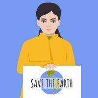 girl eco activist tient une affiche. sauver la Terre. dessin de la planète globe. jeune femme en manteau jaune proteste contre le réchauffement climatique la pollution de l'environnement. se battre pour une bonne écologie. illustration vectorielle. vecteur