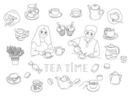grand ensemble de griffonnages avec des éléments de l'heure du thé. homme femme avec tasse de thé, théières, gâteaux, pot à lait, bouilloire, bonbons, sachets de thé, thé à emporter, café intérieur. illustration vectorielle. vecteur