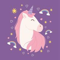 personnage de dessin animé de licorne magique avec des arcs-en-ciel vecteur