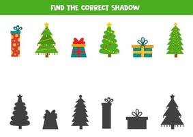 trouvez les ombres correctes des arbres et des cadeaux de Noël mignons. puzzle logique pour les enfants. vecteur