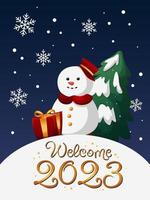 bienvenue 2023 carte de voeux de vacances, bonhomme de neige de dessin animé avec cadeau et arbre de noël vecteur