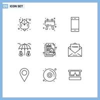 aperçu de l'interface mobile ensemble de 9 pictogrammes d'enveloppe graphique analyse de téléphone assurance éléments de conception vectoriels modifiables vecteur