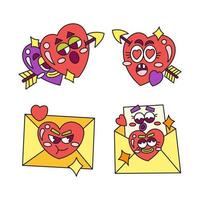 expression de personnage d'illustration de mascotte de dessin animé rétro. arc de cupidon et enveloppe de lettre d'amour.