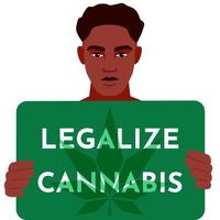 légaliser la manifestation de la marijuana. gars avec une affiche de légalisation du cannabis. feuille de cannabis sur fond vert et superposition de texte. soutien à l'utilisation médicale du concept de marijuana. illustration vectorielle. vecteur