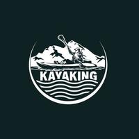 montagne vintage rétro, rafting, kayak, pagaie, logo de camp de canoë, étiquettes et badges vecteur