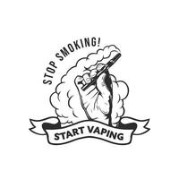 main rétro tenant le logo de vapeur. fumer le modèle de conception de logo de cigarettes électroniques vecteur