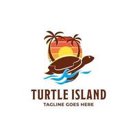 coucher de soleil avec logo de voyage de tortue. modèle de conception de logo d'île aux tortues vecteur