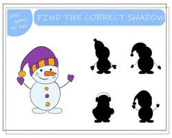 un jeu logique pour les enfants trouver la bonne ombre, bonhomme de neige. illustration vectorielle. vecteur