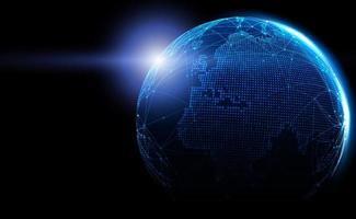 technologie numérique dans le monde entier réseau mondial connexion internet fond bleu, abstrait cyber tech futuriste planète carte monde, ai big data, innovation 5g sans fil wifi futur, vecteur d'illustration