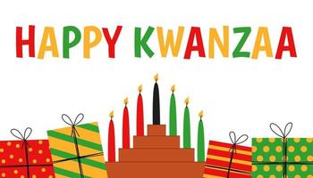 sept bougies en kinara et coffret cadeau. joyeux kwanzaa. symboles africains de vacances avec lettrage sur fond blanc. illustration de dessin animé de vecteur pour l'impression.