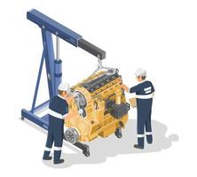 concept de service d'équipe de maintenance de moteur diesel isométrique pour l'industrie et l'équipement de construction jaune en blanc isolé vecteur