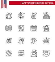 joyeux jour de l'indépendance pack de 16 lignes signes et symboles pour usa pays boisson maison blanche modifiable usa day vector design elements