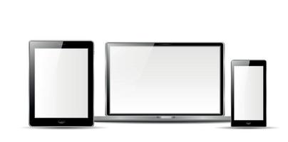smartphone, tablette et ordinateur portable avec économiseur d'écran vierge isolé sur fond blanc. maquette d'appareils réaliste et détaillée. illustration vectorielle stock. vecteur
