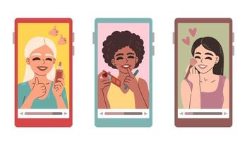 ensemble de femmes de beauté qui se maquillent. blogueuse vidéo. les gens qui font des révisions sur l'écran du téléphone. vecteur de style dessiné à la main.