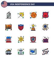 joyeux jour de l'indépendance usa pack de 16 lignes créatives remplies à plat de saloon bar basket-ball bouclier américain modifiable usa day vector design elements