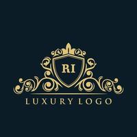 logo lettre ri avec bouclier d'or de luxe. modèle vectoriel de logo d'élégance.