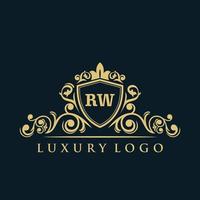 logo lettre rw avec bouclier d'or de luxe. modèle vectoriel de logo d'élégance.